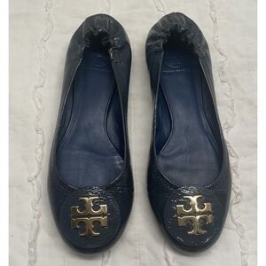 Tory Burch Reva Ballet Flats Womens Size 7.5 Patent Leather Navy Blue Shoes